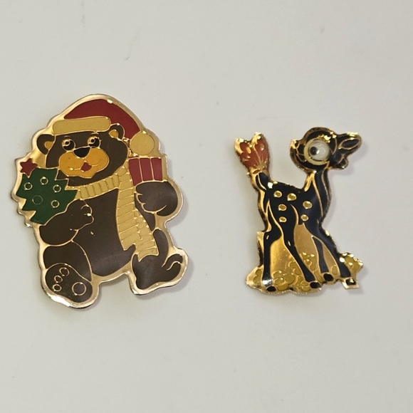๐ข3/$19๐ข Set of 2 Vintage Christmas Brooch Pins Gold Holiday Bear Dear - Picture 3 of 7